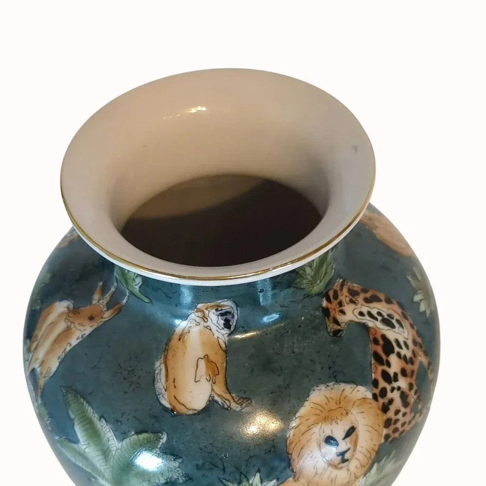 Vintage Hand-Painted Green Ceramic Vase With African Wildlife Safari Animals